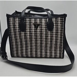 Guess Silvana Woven Faux Leather Silver Tone Tote Bag Crossbody